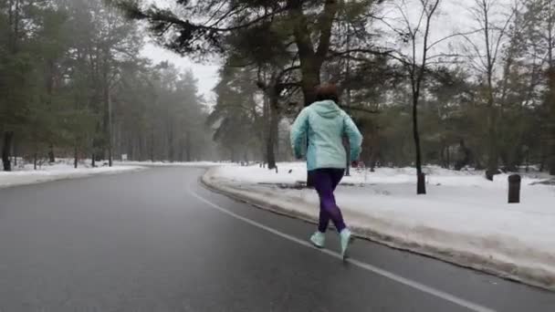 高齢白人女性は、ヘッドフォンで冬に雪の公園で実行しています。バックフォローショット. — ストック動画