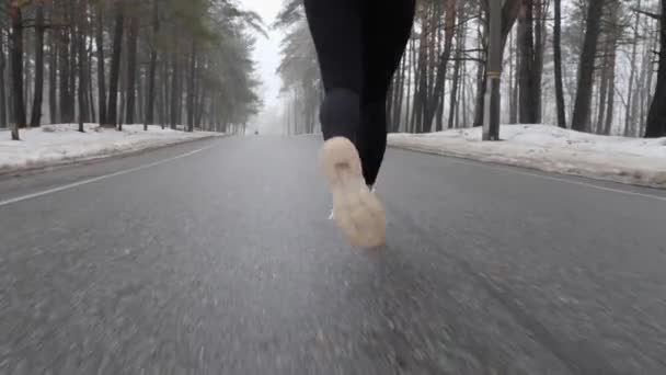 Młoda atrakcyjna kaukaski dziewczyna działa w snowy parku zimą ze słuchawkami. Zbliżenie wstecz wykonaj strzał. Zwolnionym — Wideo stockowe