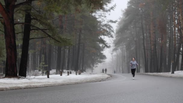 Mladá přitažlivá Kavkazská dívka, která v zimě běží v zasněženém parku se sluchátky. Přední statická střela. Zpomaleně — Stock video