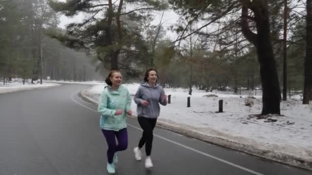 Happy Senior och unga kaukasiska kvinnor som kör i den snöiga parken i vinter pratar och leende. Främre följa skott. Slow Motion (långsam) — Stockvideo