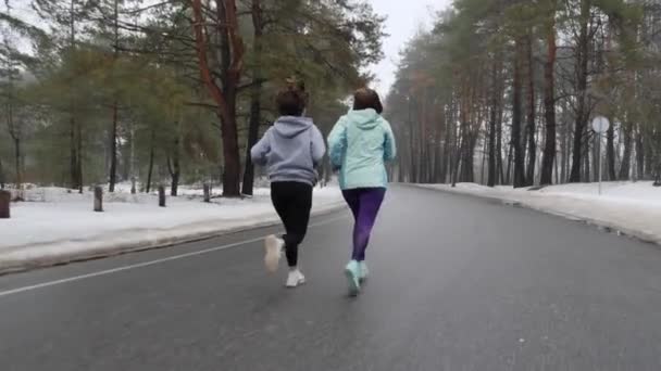 Feliz Senior y jóvenes mujeres caucásicas corriendo en el parque nevado en invierno hablando y sonriendo. Atrás sigue el disparo. Moción lenta — Vídeos de Stock