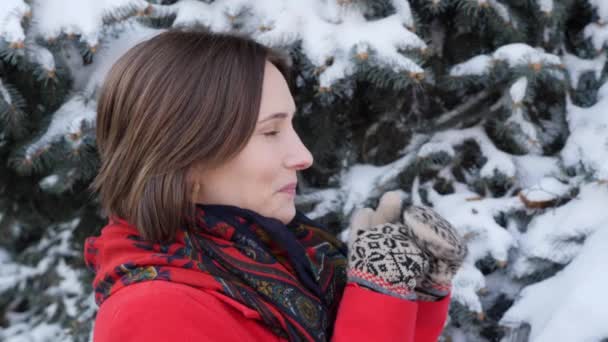 Close up Beautiful young brunette woman in red coat, scarf, mittens, smiling freezing trying to warm up, blowing on hands outside on winter snowy day — Stock Video