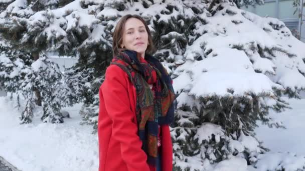 Joven chica morena sonriente dando la vuelta en abrigo rojo con bufanda pone sus manos en un fondo de paisaje de bosque de invierno — Vídeo de stock