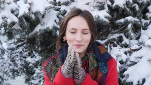 Close up Beautiful young brunette woman in red coat, scarf, mittens, smiling freezing trying to warm up, blowing on hands outside on winter snowy day — Stock Video