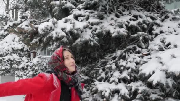Beautiful young Caucasian Woman in red coat plays with snow and Christmas tree outdoors smiling and laughing. Snow falls on attractive girl — Stock Video