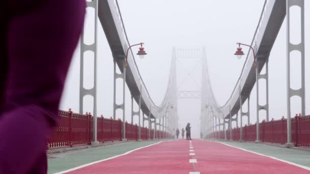 Молода пухка біла дівчина біжить по мосту. Назад постріл. Фіолетовий одяг — стокове відео