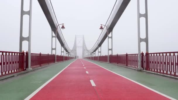 Junge mollige Kaukasierin, die auf einer Brücke läuft. Gegenschuss Zeitlupe. lila Outfit — Stockvideo