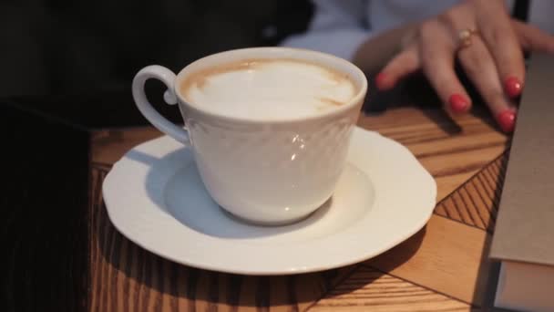 아늑한 카페에서 커피를 마시는 동안 책을 열고 읽는 젊은 여자 — 비디오