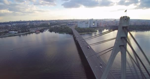 Aerial Drone View Of North Moscow Bridge Kiev Ukraine Towards Sunset River Dnepr — Stock Video