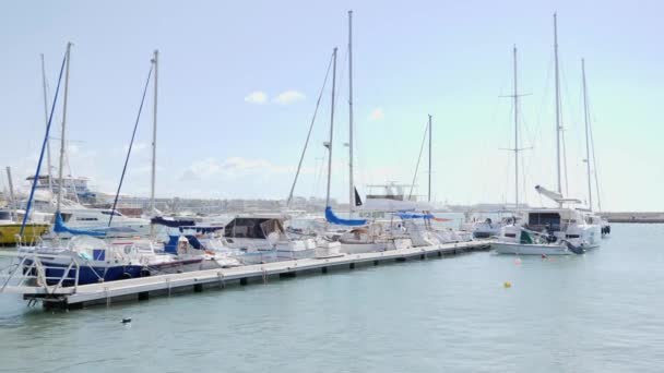 Lodě a soukromé jachty odpočívají v přístavišti v přístavu Paphos za slunečného větrného dne — Stock video