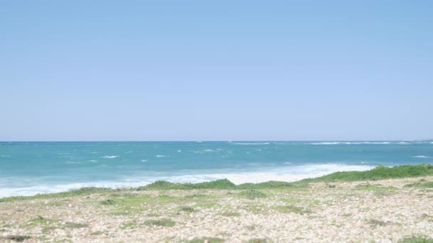 Молодой сильный бегун на тропе вдоль пляжа в черном спортивном костюме — стоковое видео