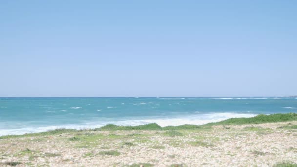 Jovem corredor forte em uma trilha ao longo da praia vestindo roupas esportivas pretas — Vídeo de Stock