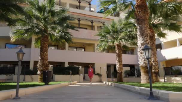 Eine fröhliche junge Frau mit rotem Hut geht auf die Kamera zu und posiert mit Palmen im Hintergrund. Zeitlupe — Stockvideo