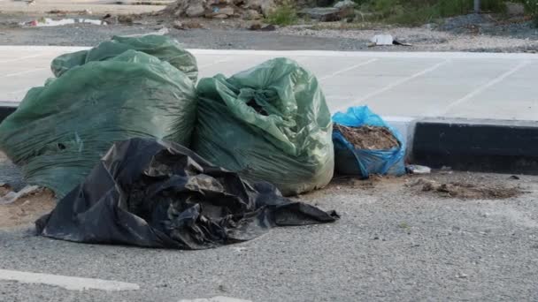 Cubos de basura de plástico verde completamente llenos derramados en la calle. Concepto de residuos y reciclaje. Movimiento lento — Vídeos de Stock