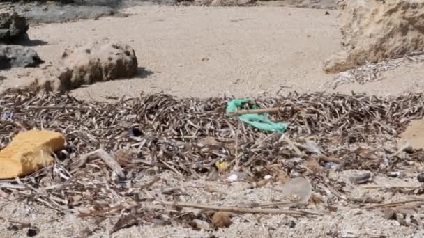 Пластиковые отходы на песчаном пляже. Концепция пластикового загрязнения — стоковое видео