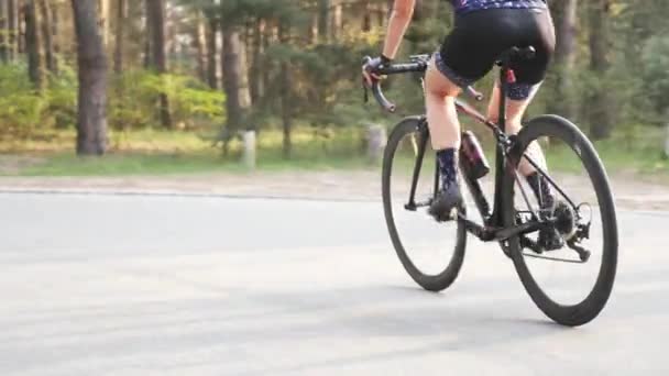 Sportieve fit vrouwelijke fietser trappen uit het zadel in het Park. Harde training op de fiets. Road Cycling concept — Stockvideo