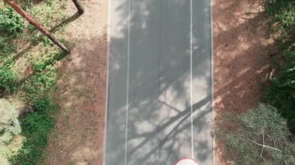 Aerial drone view of the cycle path in the summer forest with the cyclist riding on a bicycle — Stock Video