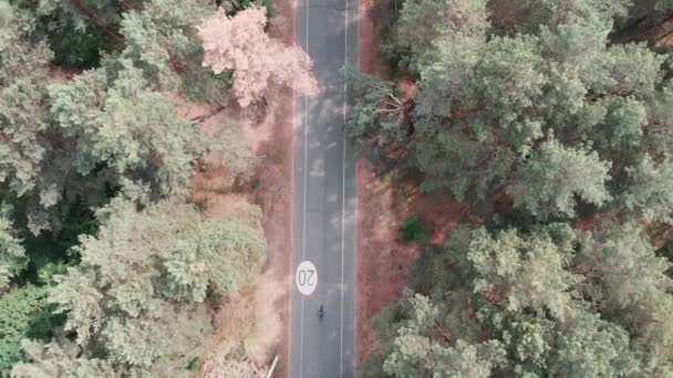空中无人机可欣赏自信的运动自行车骑手骑着自行车在夏天的城市公园。自行车再造概念. — 图库视频影像