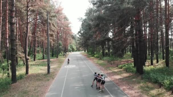 Confident focused attractive woman starts pedaling her road bike on the bicycle path in the park. Cycling concept. Drone view — Stock Video