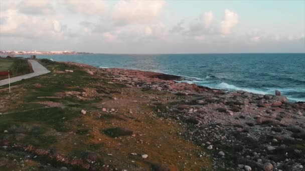 Turist yürüteç gezinti ve taşlı plaj ile güzel yeşil sahil havadan görünümü — Stok video
