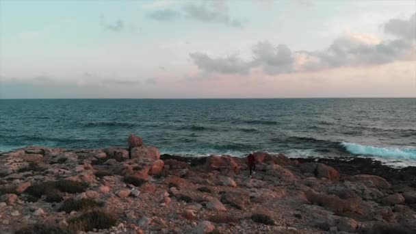 Veduta aerea drone di gigantesche magnifiche onde oceaniche con giovane attraente viaggiatore femminile in camicia rossa guardando bel tramonto rosa a riva rocciosa — Video Stock