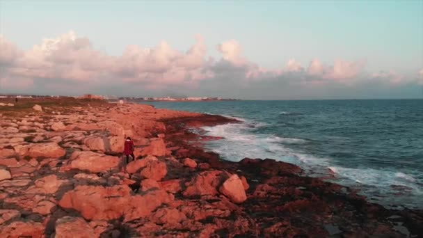 Ung kvinnlig fotograf står vid stenig strand och tar bilder av vackra havsvågor vid solnedgången — Stockvideo