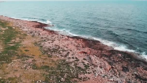 Drone vista de grandes olas del océano con joven chica caucásica caminando a través de la playa rocosa — Vídeo de stock