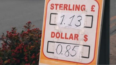 Dünya döviz standı kurulu dolar ve gbp oranları ile sokakta. Döviz bozdurma sarı tahtası sokakta. Finansal işlemler kavramı
