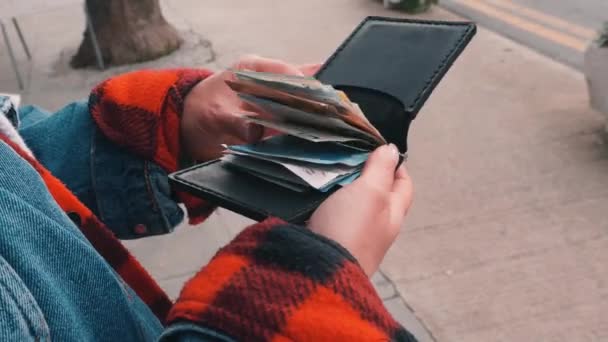 Hände öffnen Geldbörsen und zählen Euros. Frau öffnet Geldbörse und zählt Euroscheine. — Stockvideo