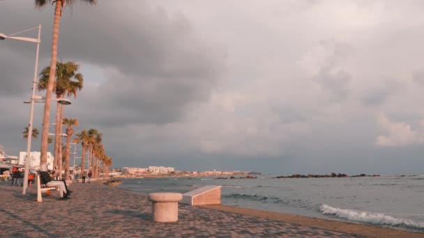 Marzo, 16, 2019 / Chipre, Paphos Hermoso muelle turístico en Paphos, Chipre. Paseo turístico con palmeras. Gente caminando por sendero peatonal en el paseo marítimo. Línea de hoteles y restaurantes en Paphos — Vídeo de stock