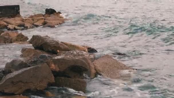 Vista de perto da praia rochosa. Grandes ondas oceânicas na tempestade. Grandes pedras rochosas são lavadas por ondas oceânicas. Oceano em tempestade. Vista de perto da água salpicada. Seacoast rochoso em mau tempo — Vídeo de Stock