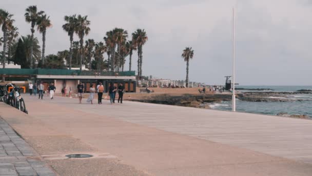 16 de marzo de 2019 / Chipre, Paphos. Familia indonesia caminando en el paseo turístico y disfrutando de vacaciones. Turistas paseando por la playa del mar Mediterráneo. Zona turística con palmeras y zona de playa — Vídeos de Stock