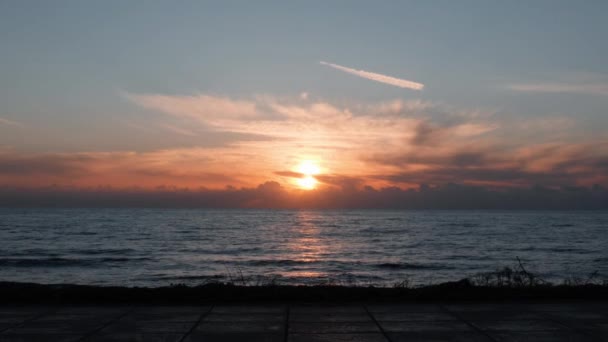 Silhueta de casal feliz andando com o cão no passeio marítimo ao pôr-do-sol. Casal velho feliz que anda com o cão ao longo do cais. Silhuetas de mulher feliz e homem andando ao longo da praia rochosa ao pôr do sol . — Vídeo de Stock