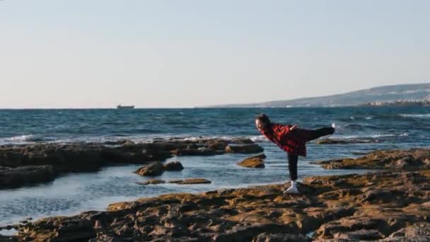 Cute young hipster woman standing on seashore and doing funny poses. Happy smiling woman having fun on beach. Woman standing in swallow position. Woman doing funny swallow pose. Woman amused on beach — Stock Video