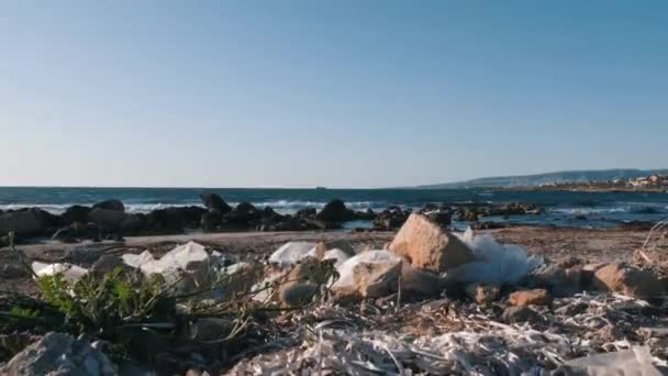 浜辺に捨てられたプラスチックゴミ環境汚染問題の概念ビーチでの環境汚染。ビーチのゴミ。生態学的な問題プラスチックゴミごみごみ海岸 — ストック動画