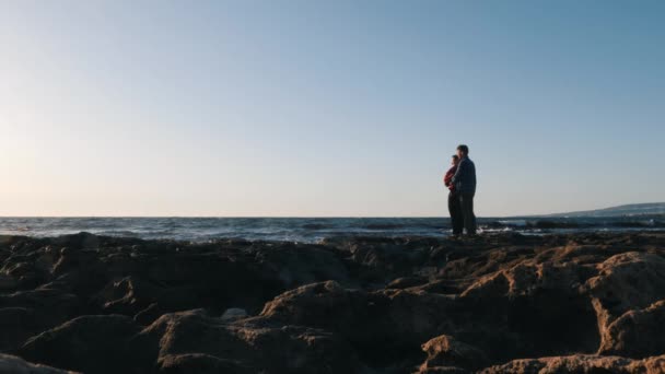 恋に落ちた若いカップルが海岸に抱きついています。海岸に抱きついているロマンチックな若いカップル。愛の美しいカップルは、海のビーチに立っています。若い男性は彼女の最愛のガールフレンドを抱きしめる — ストック動画