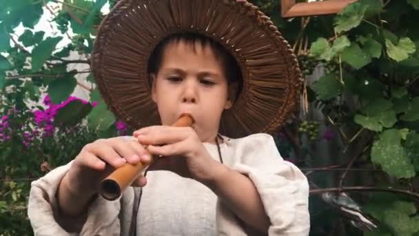 Закройте вид на маленького очаровательного мальчика в соломенной шляпе, играющего на деревянном музыкальном инструменте в зеленом саду. Счастливый ребенок играет на флейте — стоковое видео