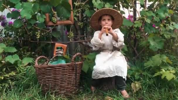 Glad rolig liten pojke i halm hatt sitter i trädgården, spelar på musikinstrument och skrattar. Charmigt sött barn leende — Stockvideo