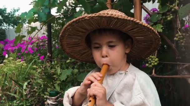 Забавный маленький ребенок в соломенной шляпе пытается играть на флейте с зеленым садом на заднем плане. Счастливый мальчик играет на музыкальном инструменте — стоковое видео