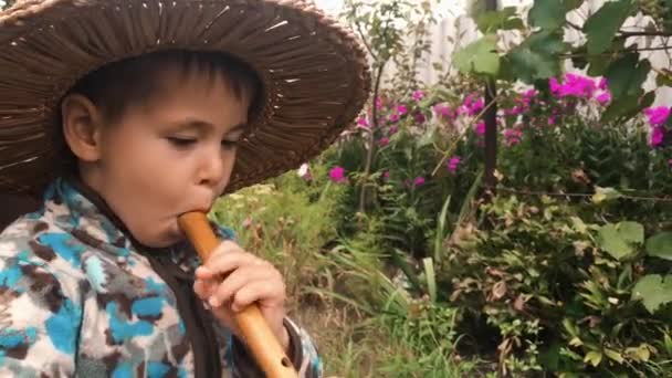 Baby boy in straw hat trying to play on wooden music instrument in green garden. Little cute boy enjoying to play on flute, close up side view — Stock Video