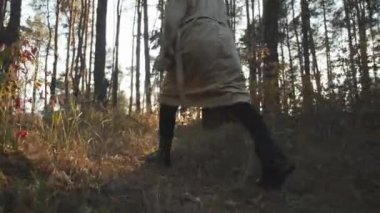 Gün doğumunda sonbahar ormanında paltolu ve sıcak atkılı beyaz kadın. Sıcak güneşli bir günde yeşil ormanda yürüyen genç kadın