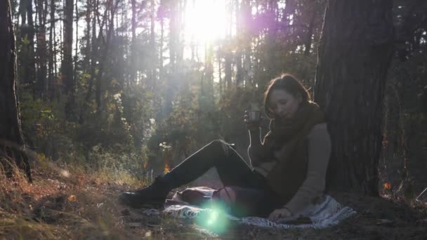 Bonne jeune femme touriste boire du thé chaud et manger des biscuits relaxant dans la forêt d'automne avec des rayons de soleil. Voyageuse profitant de la soirée dans la forêt d'automne — Video