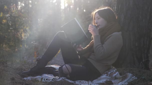 Великолепная счастливая брюнетка-модель в уютном свитере и джинсах, читающая книгу и пьющая горячий чай или кофе осенью на закате — стоковое видео