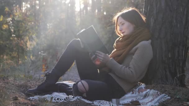 Young happy charming woman traveler sitting on plaid, reading book and relaxing outside. Attractive nostalgic female tourist enjoying warm autumn day — Stock Video