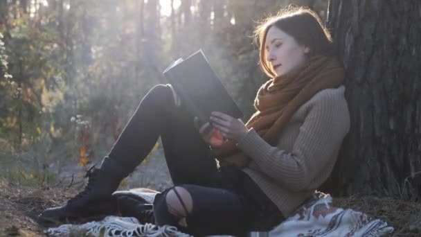 Счастливая ностальгическая женщина-путешественница читает книгу и смотрит на закат в осеннем лесу. Молодая модель туристка сидит в осеннем лесу на рассвете и расслабляется — стоковое видео