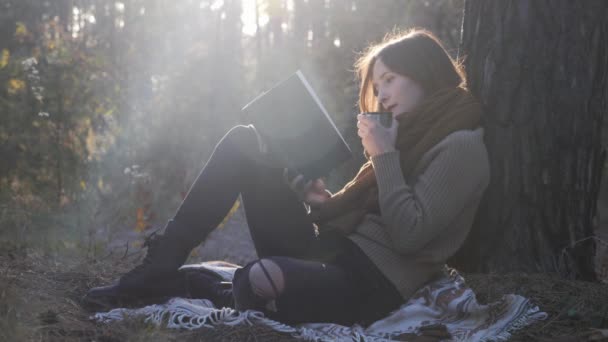 Beautiful young female traveler relaxing and enjoying warm sunny morning in autumn park. Happy peaceful woman reading book and looking in the sky in fall forest — Stock Video