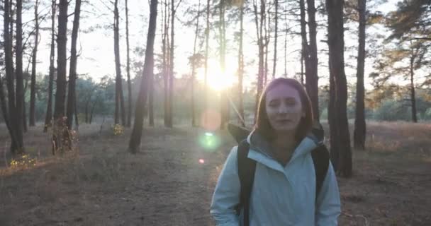 Fiatal mosolygó boldog nő turista nagy fekete hátizsák séta őszi erdő napos őszi nap. Nő utazó élvező napsütés a fák parkban — Stock videók