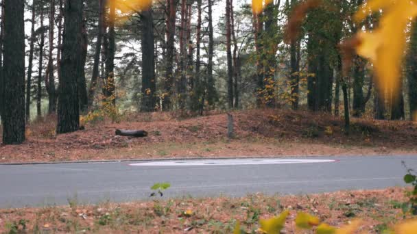 Giovane ciclista professionista elegante bere bevanda isotonica durante l'allenamento in bicicletta. Bello atleta di sesso maschile in abbigliamento da ciclismo e casco acqua potabile durante l'allenamento in bicicletta. Rallentatore — Video Stock