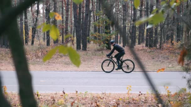 Soustředěný mladý profesionální sportovec v cyklistickém oblečení, helmě a sportovních slunečních brýlích stojící na trati na silničním kole v podzimním parku. Hezký triatlonista se baví na kole v podzimním lese — Stock video