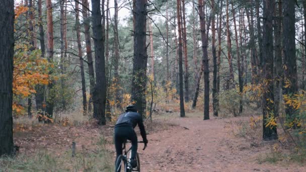 수컷 전문 자전거 선수는 가을 숲에서 사이클로 크로스 자전거에 대한 훈련을 열심히 받는다. 투구를 쓰고 스포츠 의류를 입은 매력적 인 사이클 선수가 쓰러진 나무에 자전거를 타고 있다. 싸이클 컨셉. 느린 동작 — 비디오
